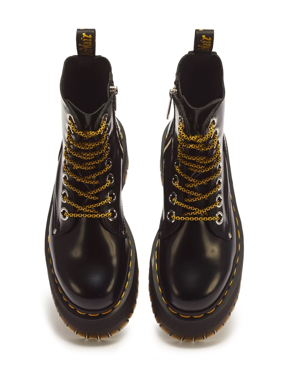 Dr. Martens Black Patent Platform Lace-Up Boots with Yellow Pull Tab - Picture 3 of 3